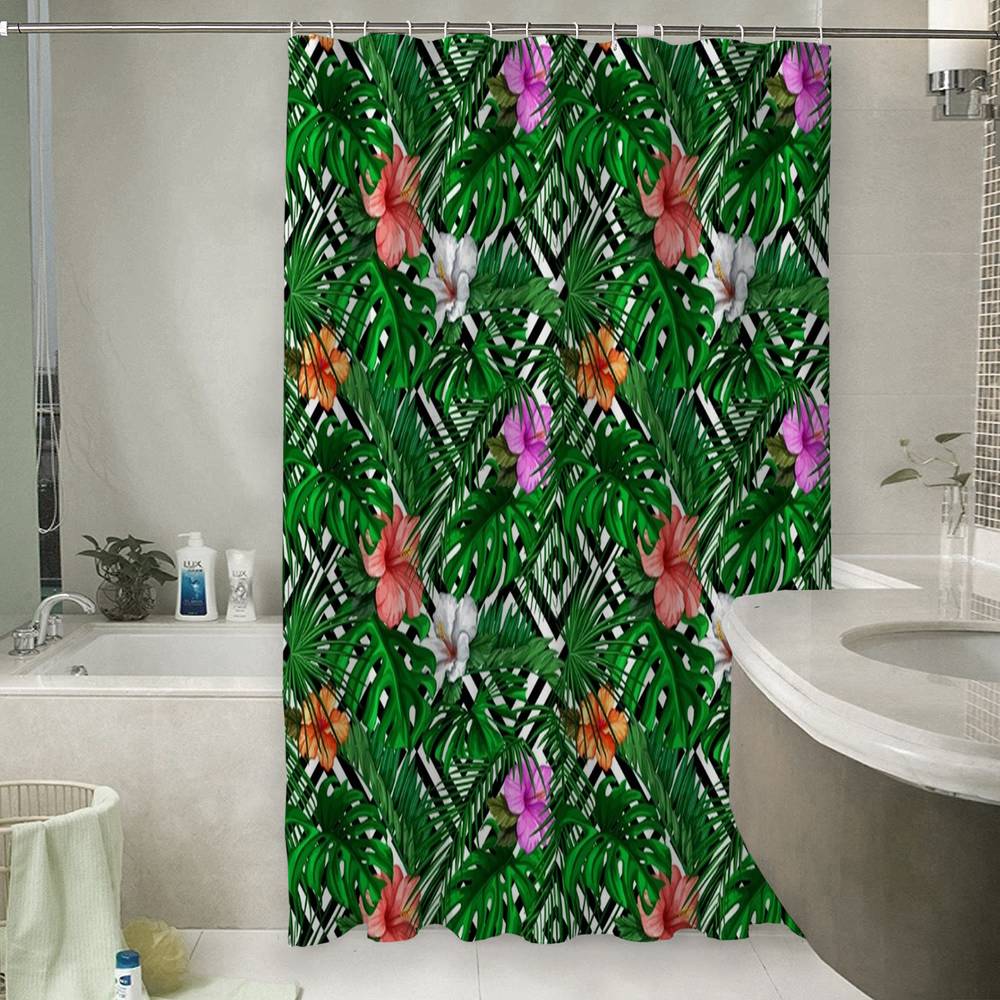3D фото занавеска для ванной «Листья папоротника с цветами» вид 6