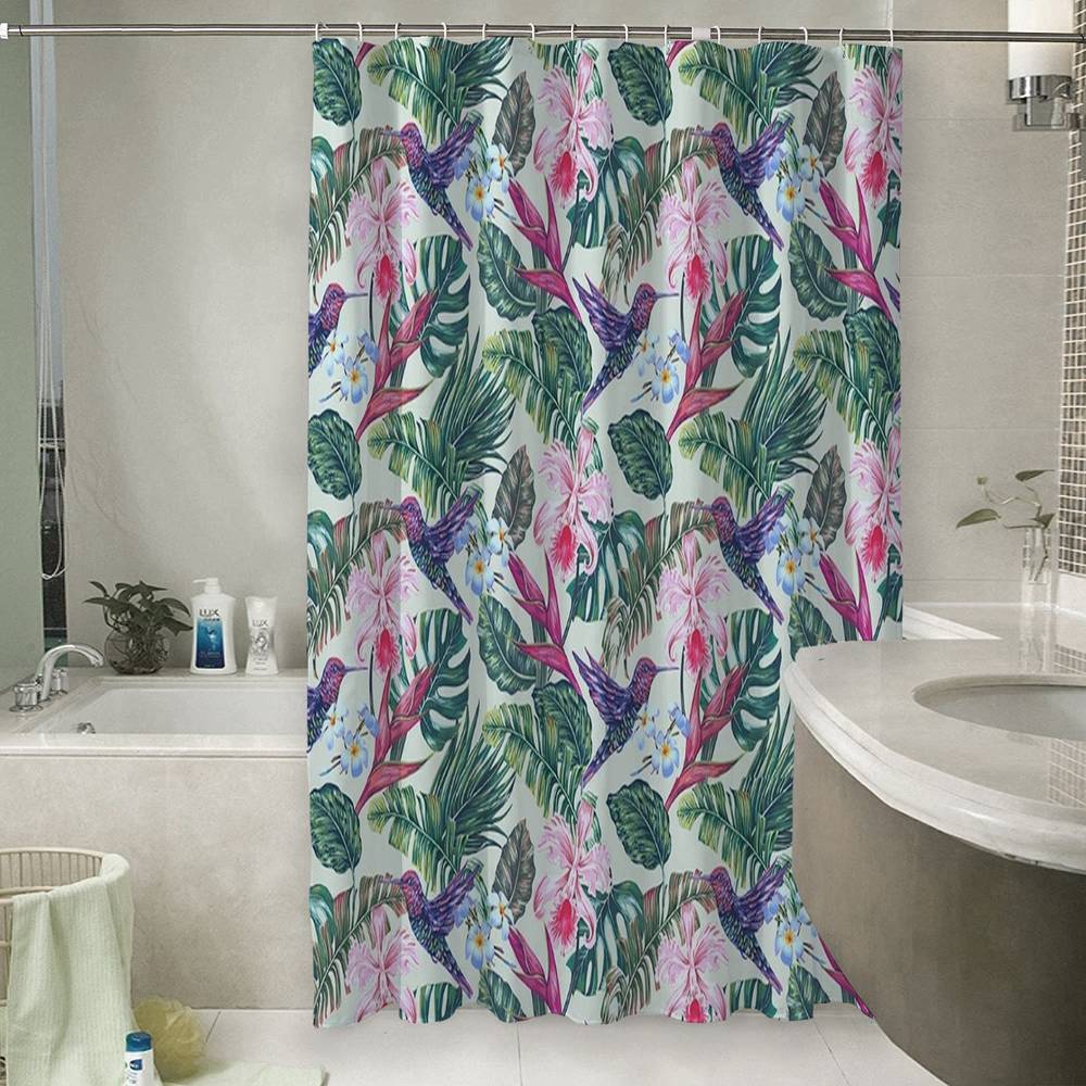 3D штора в ванную комнату «Колибри с цветами» вид 6