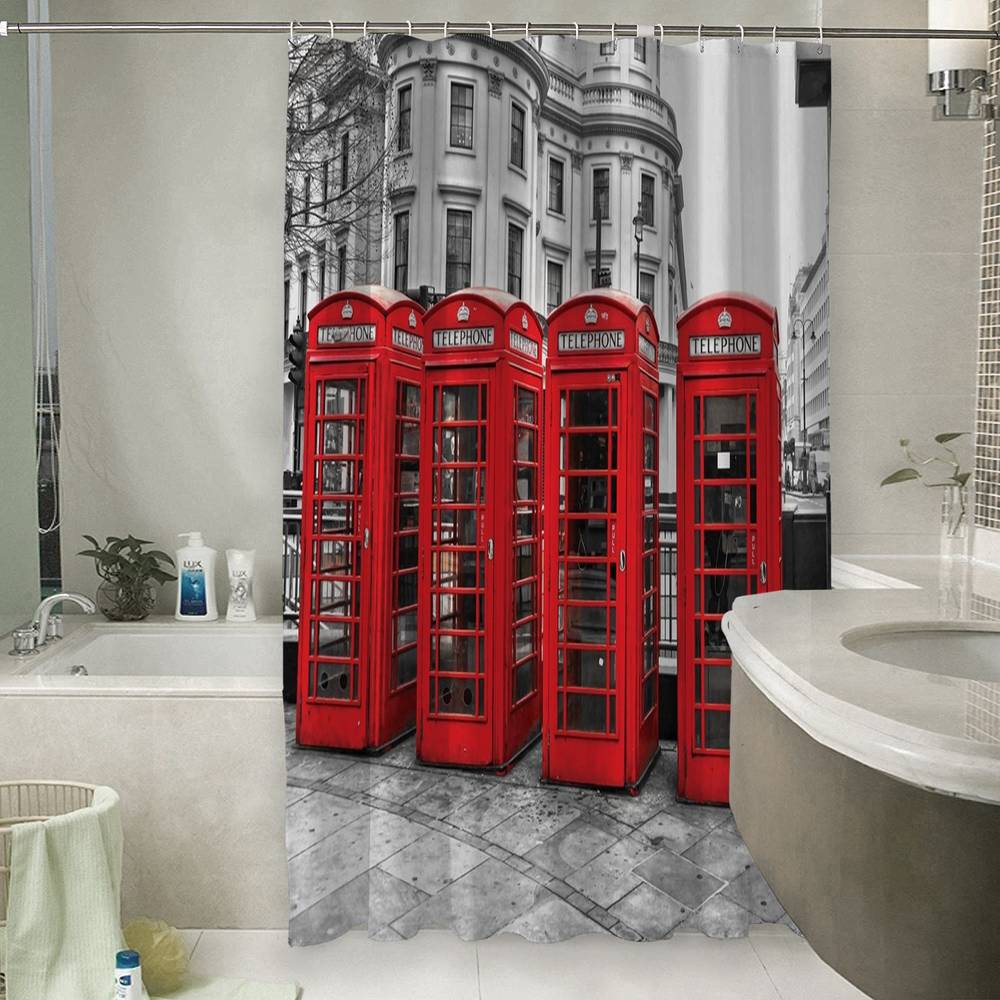 3D занавеска в ванную комнату «Красные будки» вид 6
