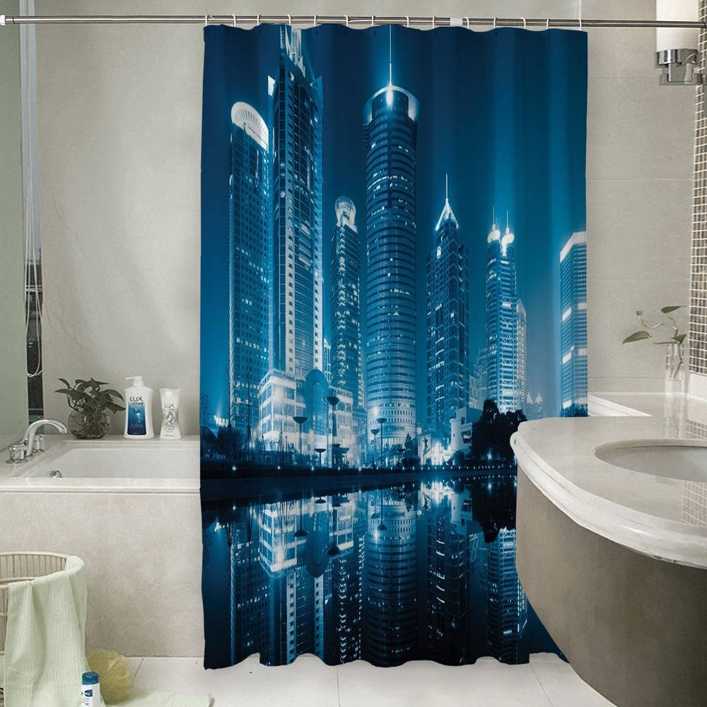 3D штора в ванную комнату «Неоновые огни ночного города» вид 6