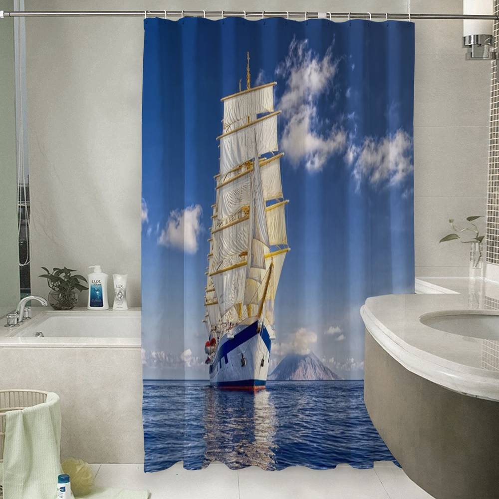 3D штора в ванную комнату «Корабль в море» вид 6