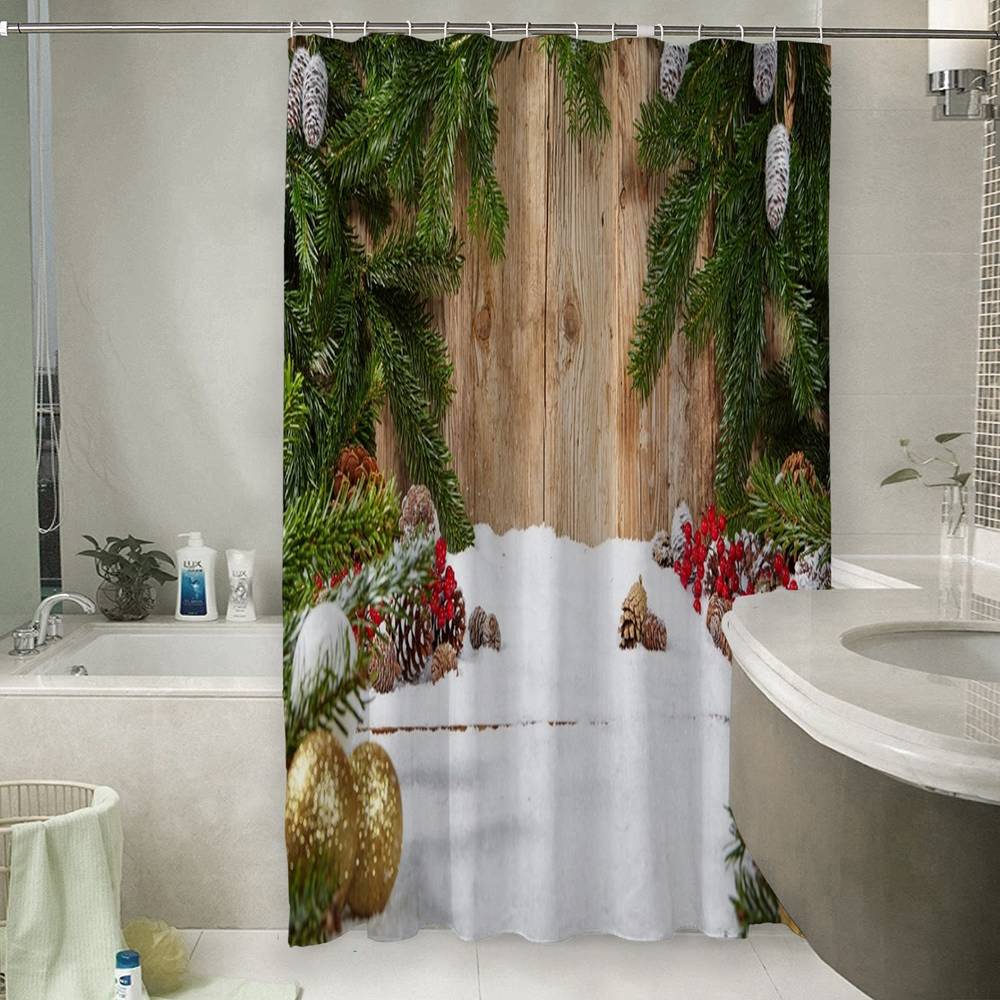 3D штора для ванны «Еловые ветви на древесном фоне» вид 6
