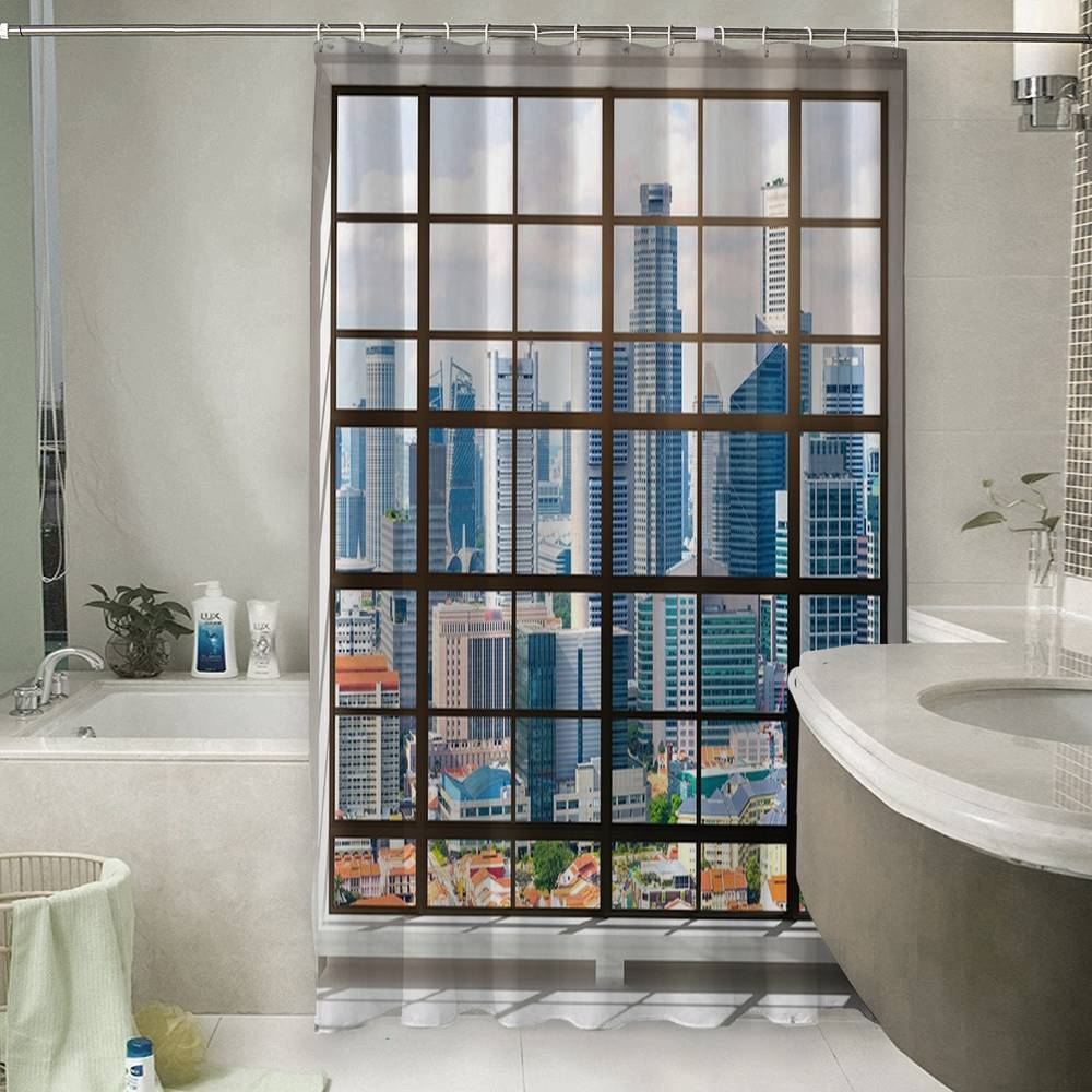 3D шторка для ванной «Окно в мегаполисе» вид 6