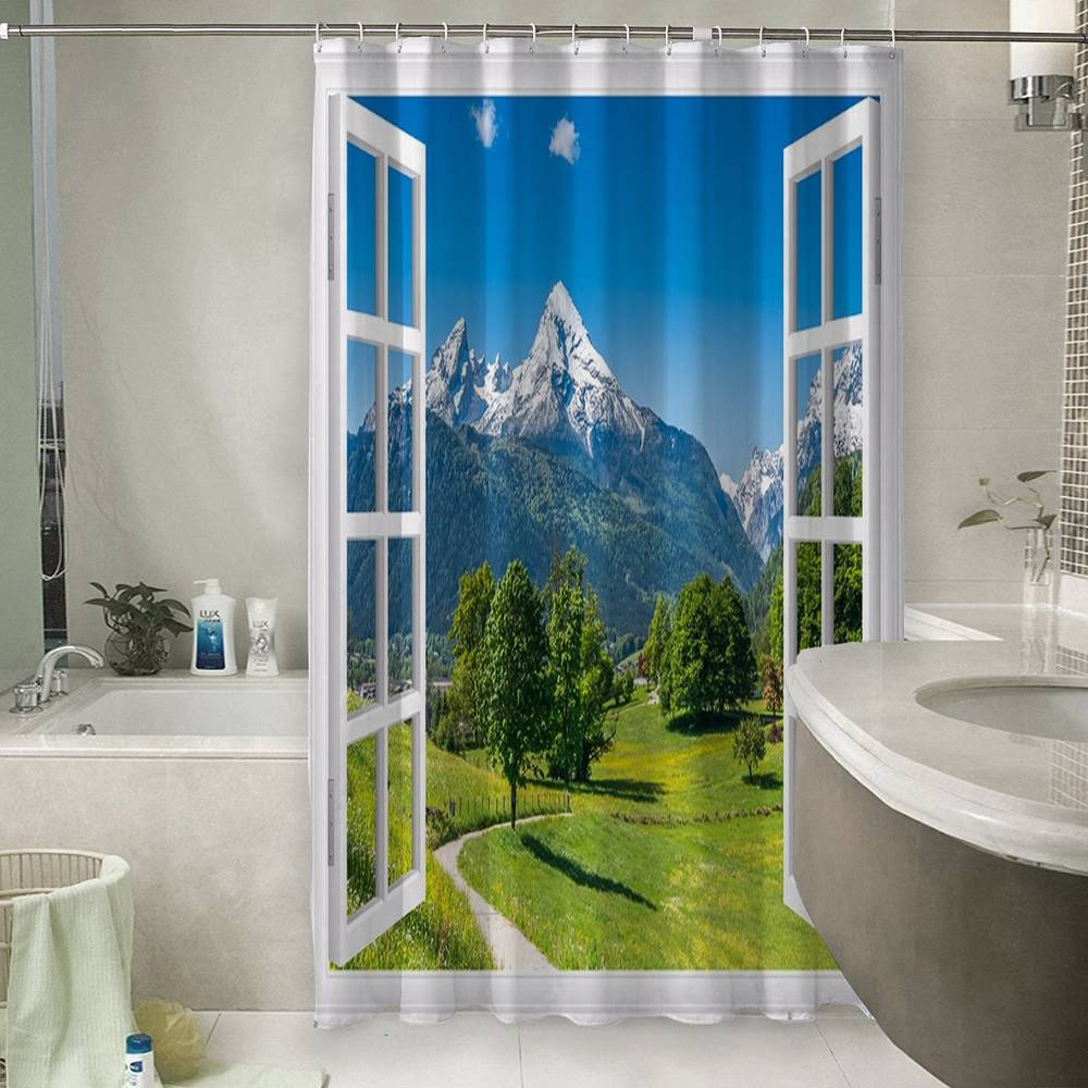 3D занавеска для ванны «Окно с видом на Баварские горы» вид 6