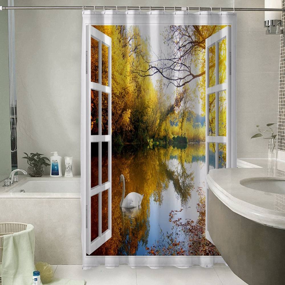 3D занавеска в ванную комнату «Окно с видом на озеро с лебедями» вид 6