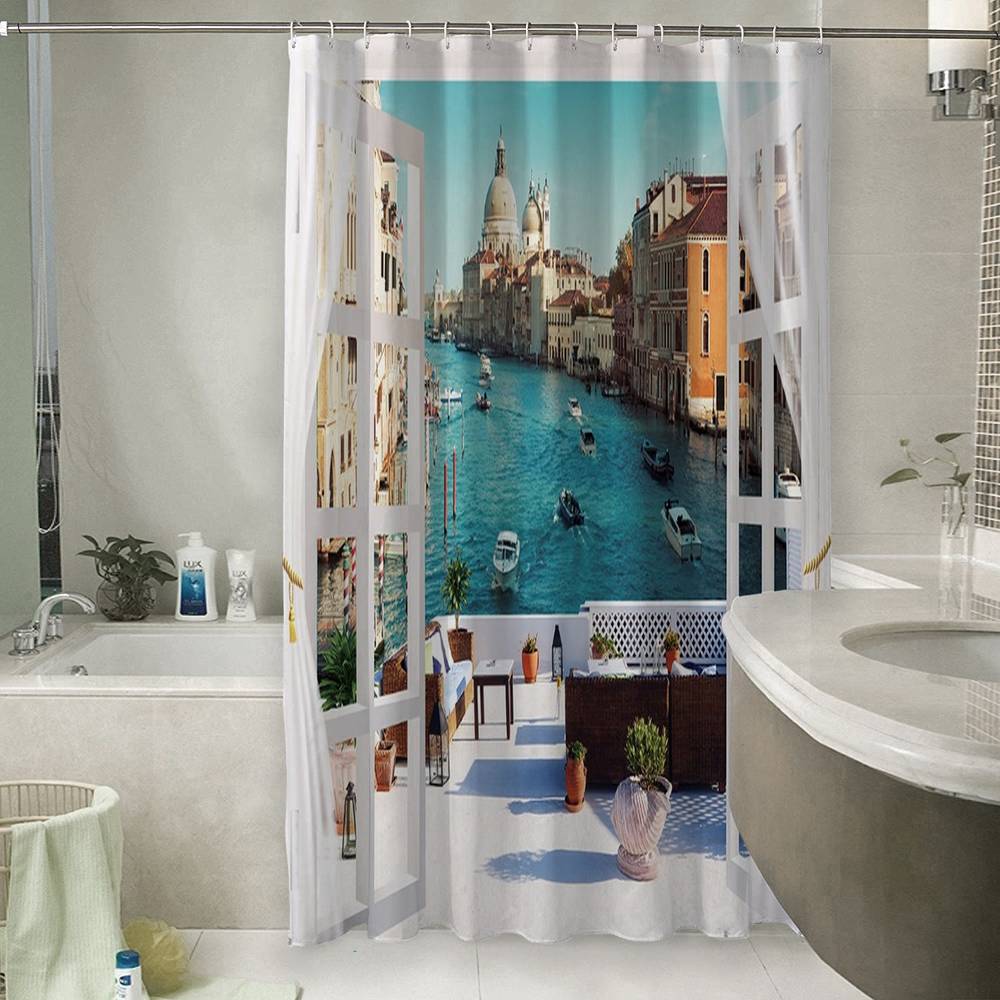 3D фотоштора для ванной «Окно-балкон в Венеции» вид 6
