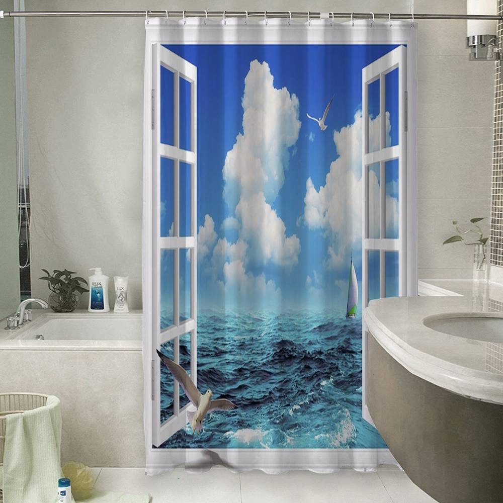 3D штора в ванную комнату «Распахнутое в море окно» вид 6