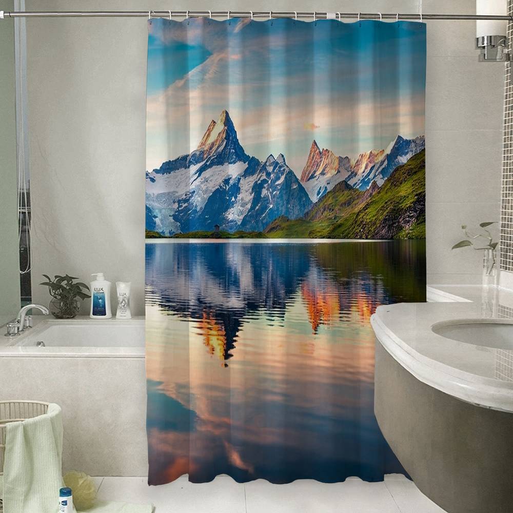 3D занавеска в ванную комнату «Утренний горный пейзаж» вид 6