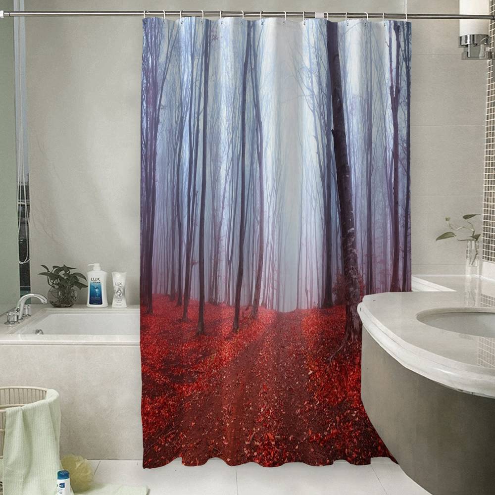 3D штора в ванную комнату «Осенний лес в тумане» вид 6