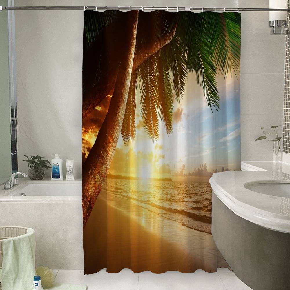 3D фотоштора для ванной «Закат под пальмами» вид 6