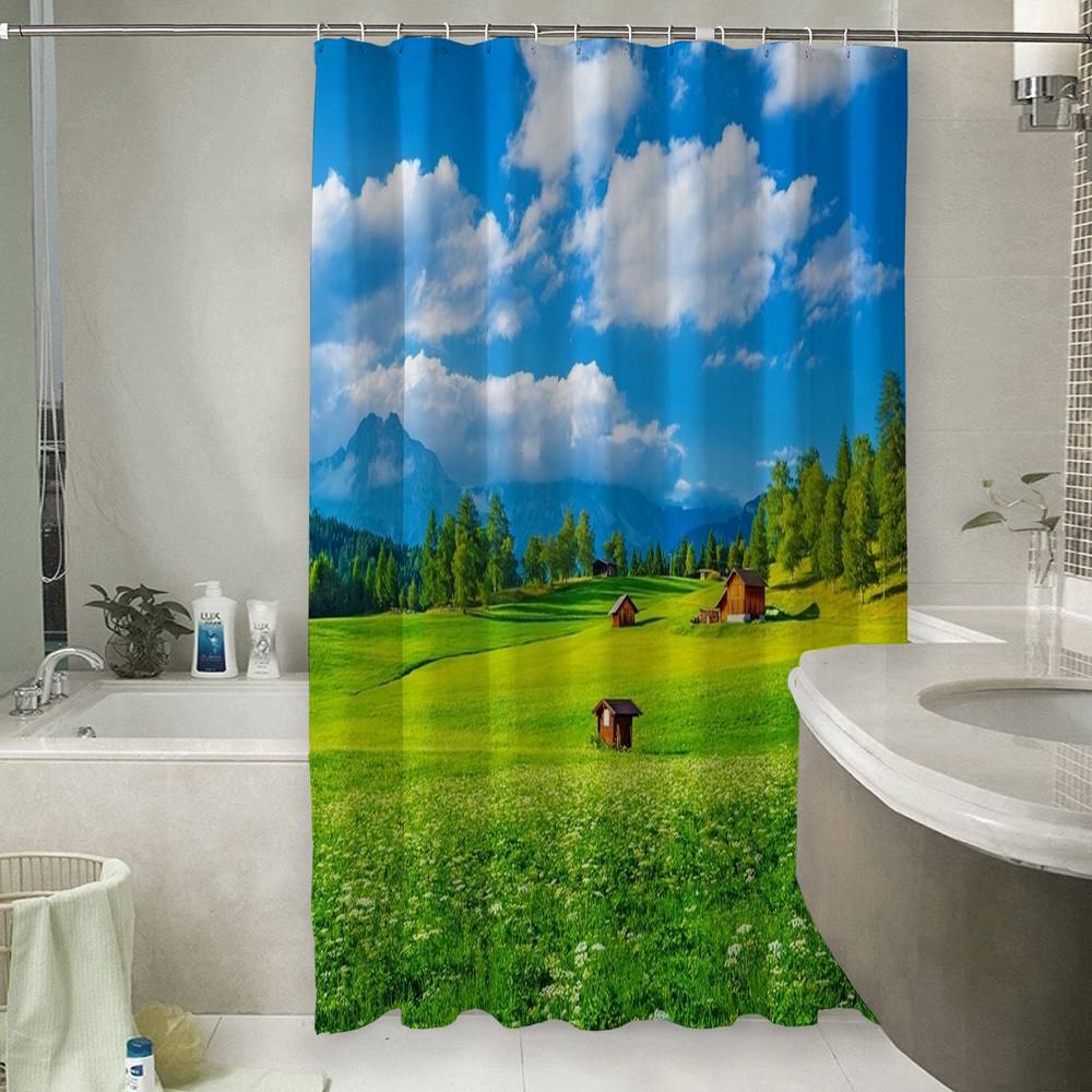 3D штора для ванной «Деревня в альпийской долине» вид 6