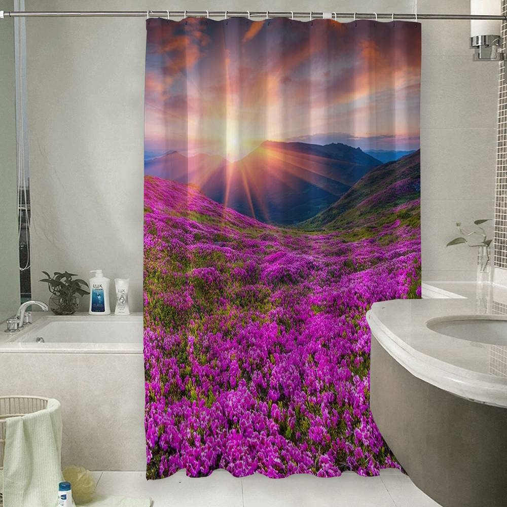 3D шторка для ванной «Рассвет на цветочной поляне» вид 6