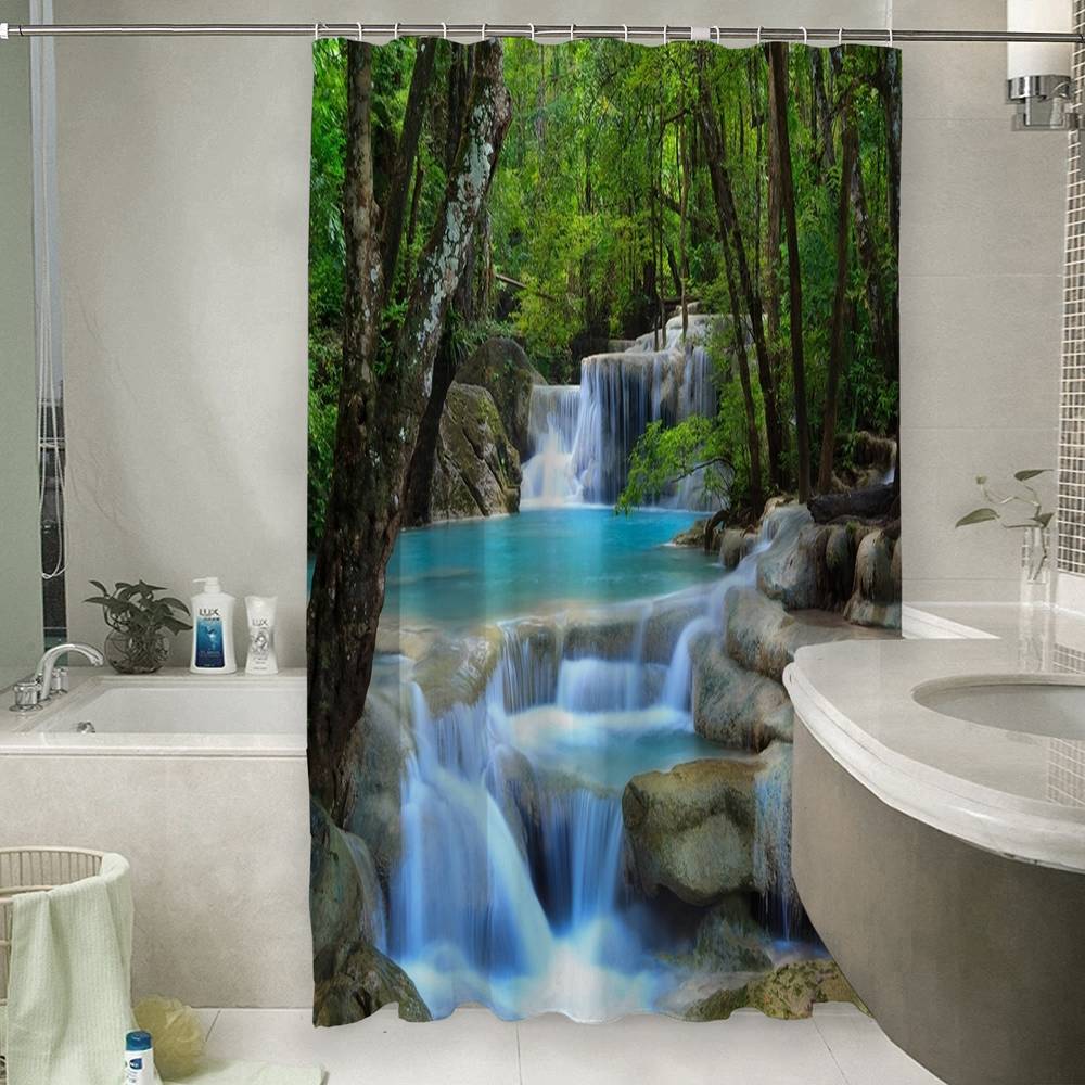 Занавеска для ванной «Водопад в зеленом лесу» вид 6