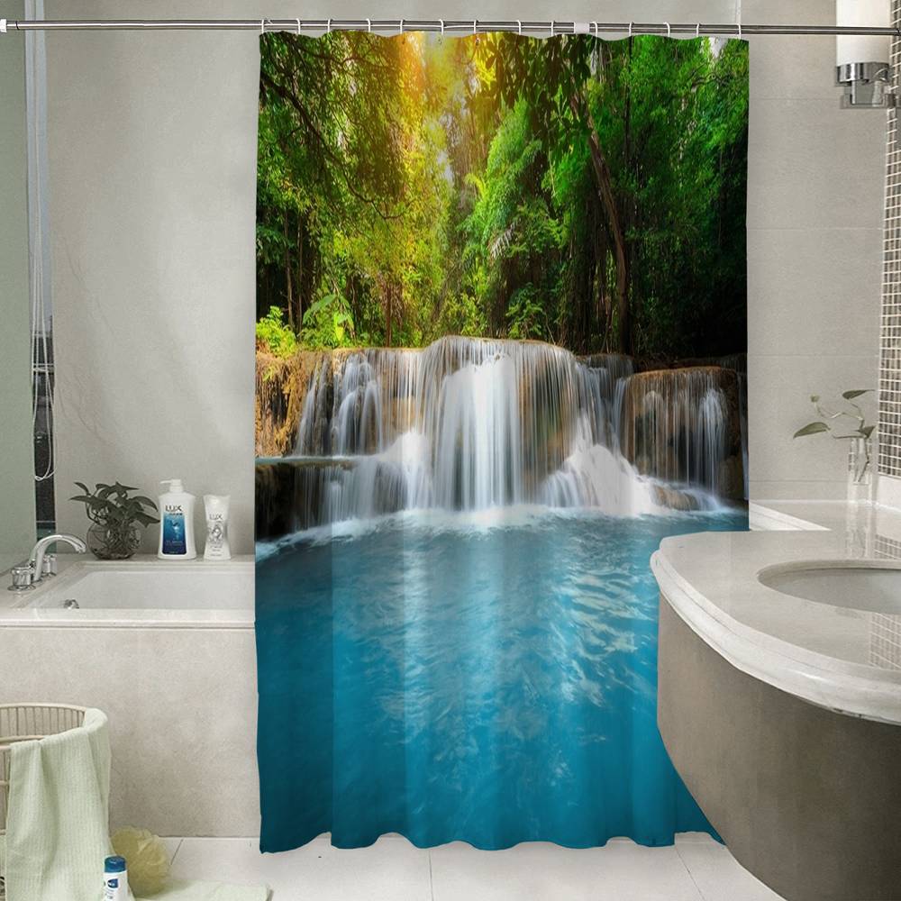 3D занавеска в ванную комнату «Водопад с голубой водой» вид 6
