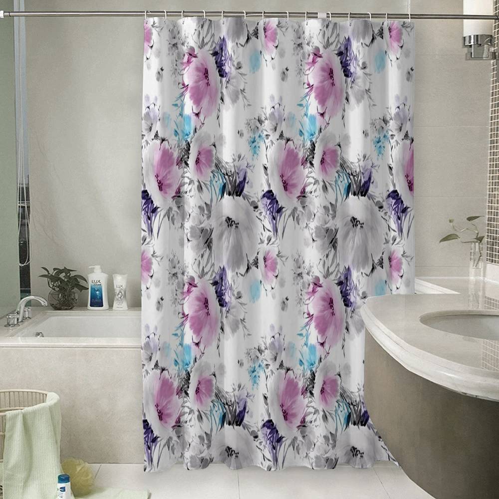 3D занавеска в ванную комнату «Акварельные цветы с сиреневым оттенком» вид 6