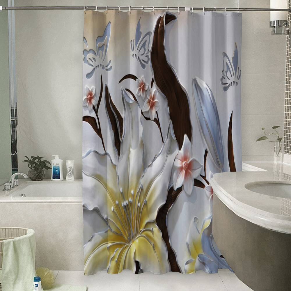 3D штора для ванны «Объемные цветы с бабочками» вид 6
