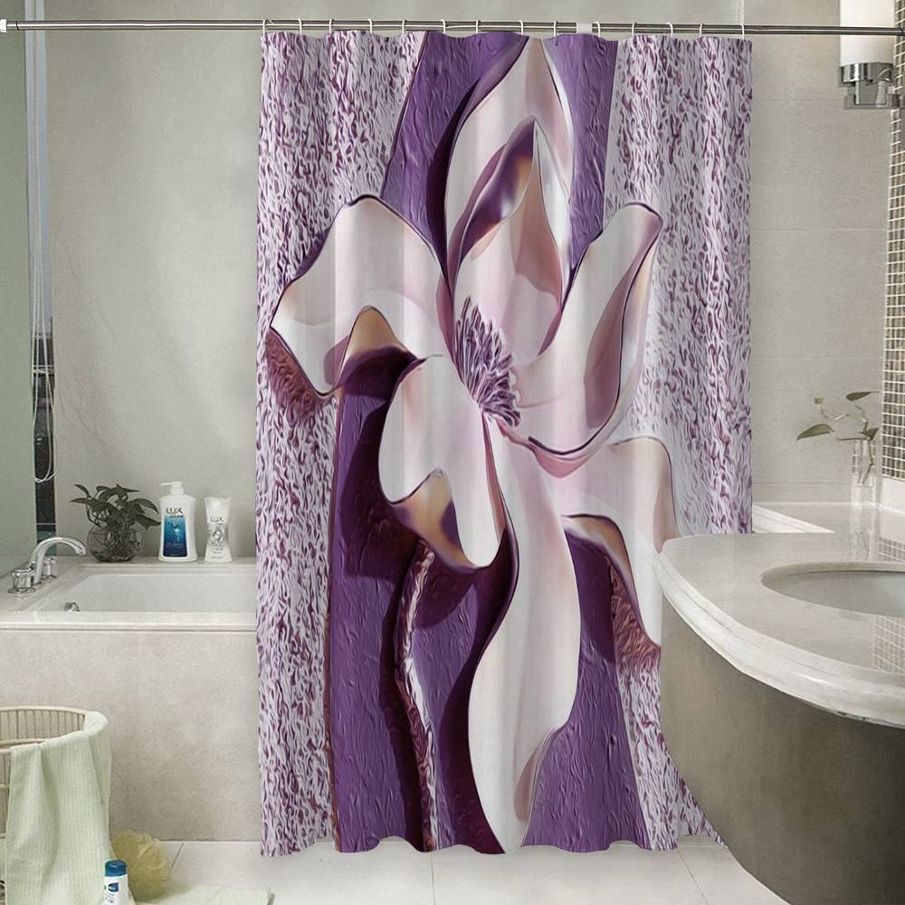 3D фотоштора для ванной «Фиолетовые магнолии на рельефном фоне» вид 6