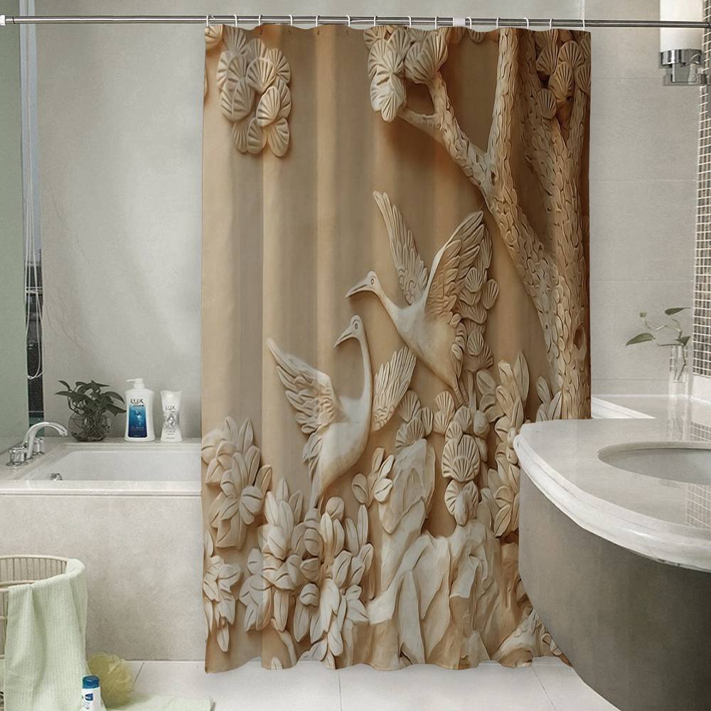 3D штора в ванную комнату «Журавли резьба по дереву» вид 6