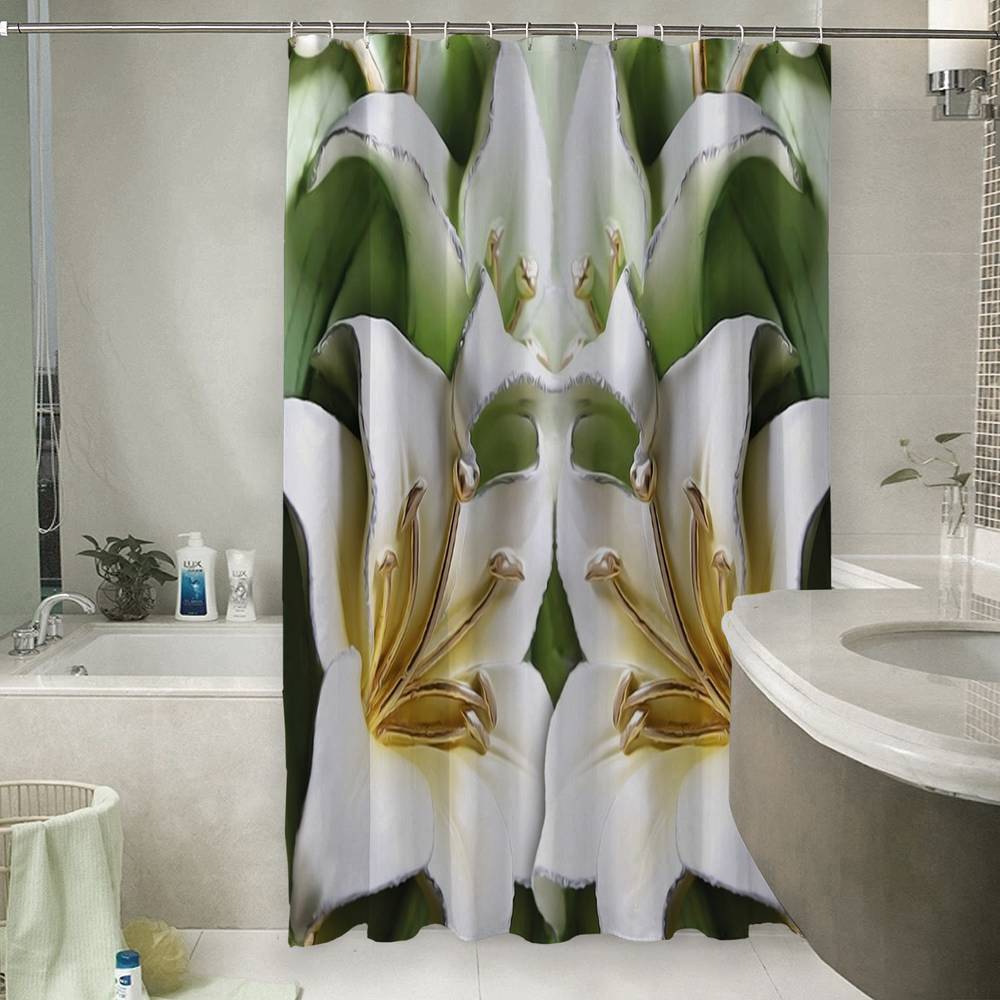 3D штора для ванной «Зеленые лилии из керамики» вид 6