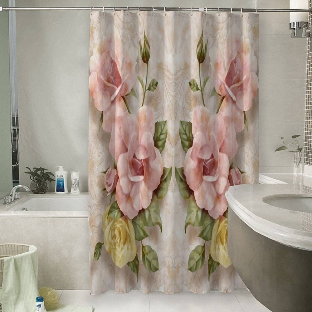 3D занавеска для ванной «Объемные розы под мрамор» вид 6