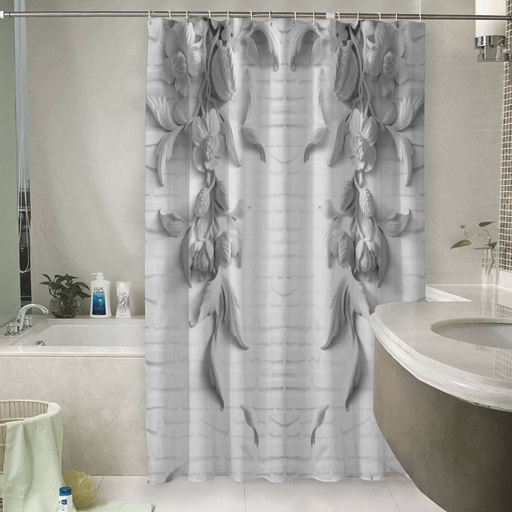 3D штора в ванную комнату «Рельеф с ниспадающими цветами» вид 6