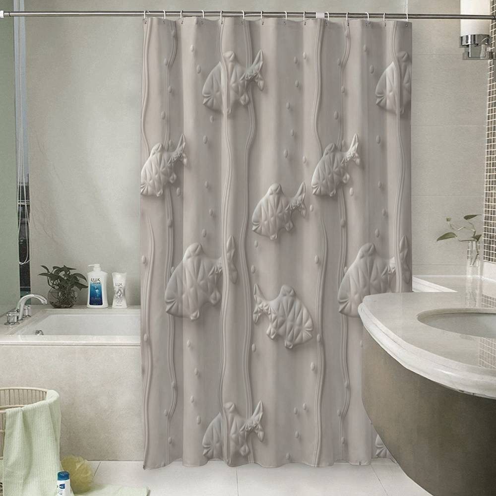 3D штора для ванной «Рельефные рыбки» вид 6