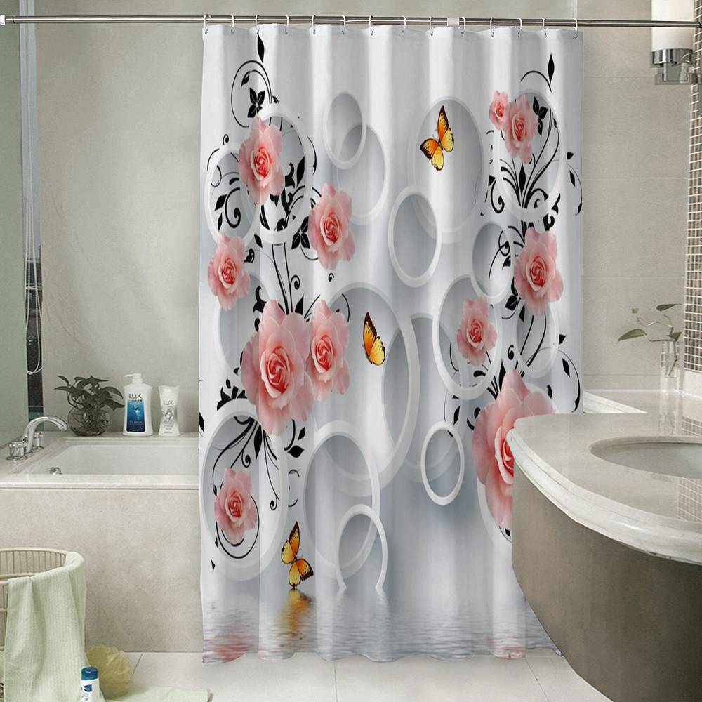 3D занавеска в ванную комнату «Бутоны роз над водой» вид 6