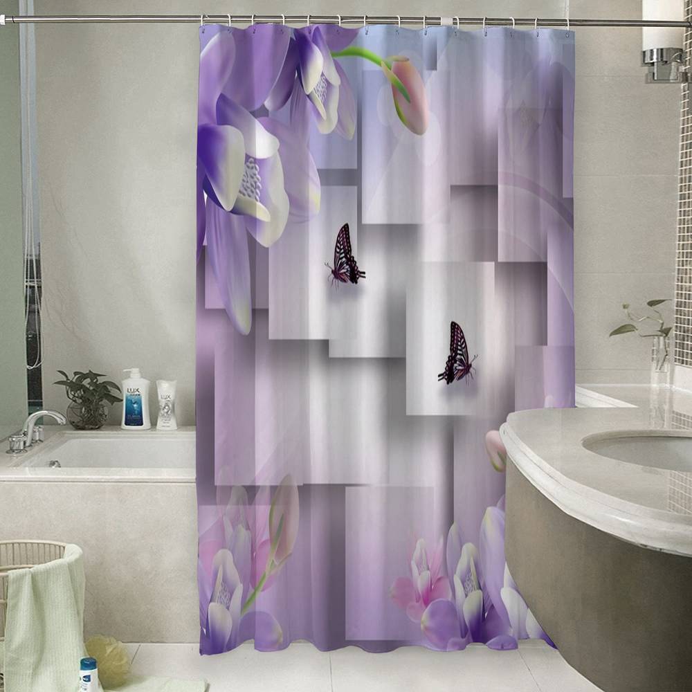3D штора в ванную «Сиреневые цветы с бабочками» вид 6