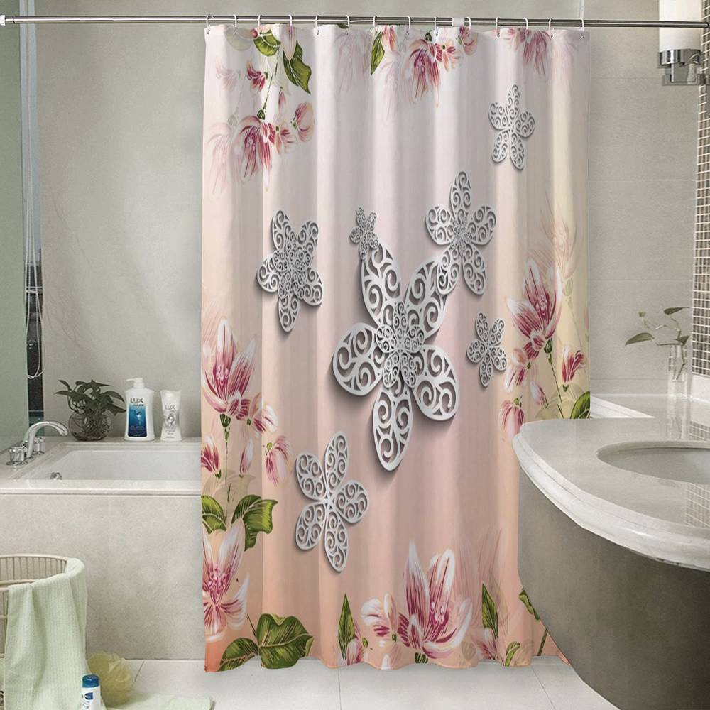 Занавеска для ванной «Узорчатые цветы на нежном фоне» вид 6