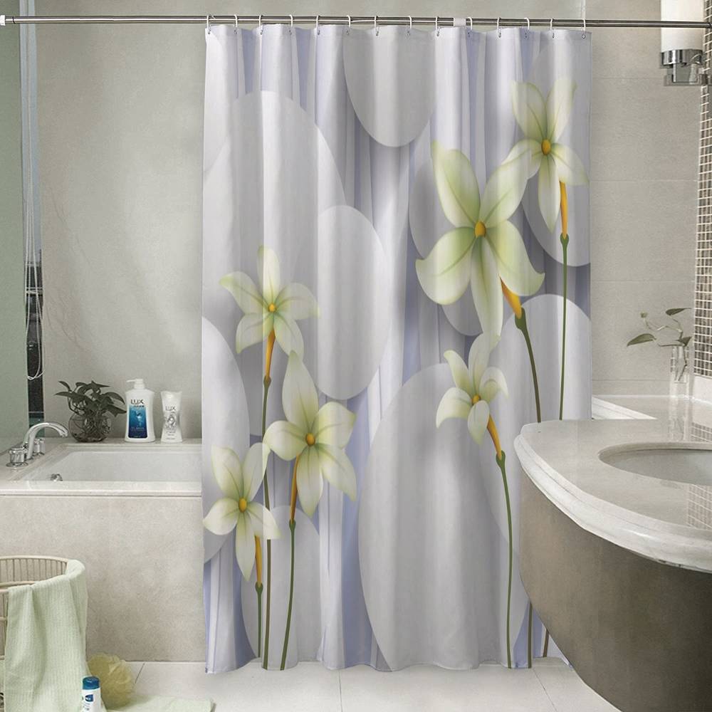 3D штора для ванной «Нежно-салатовые цветы на объемном фоне» вид 6