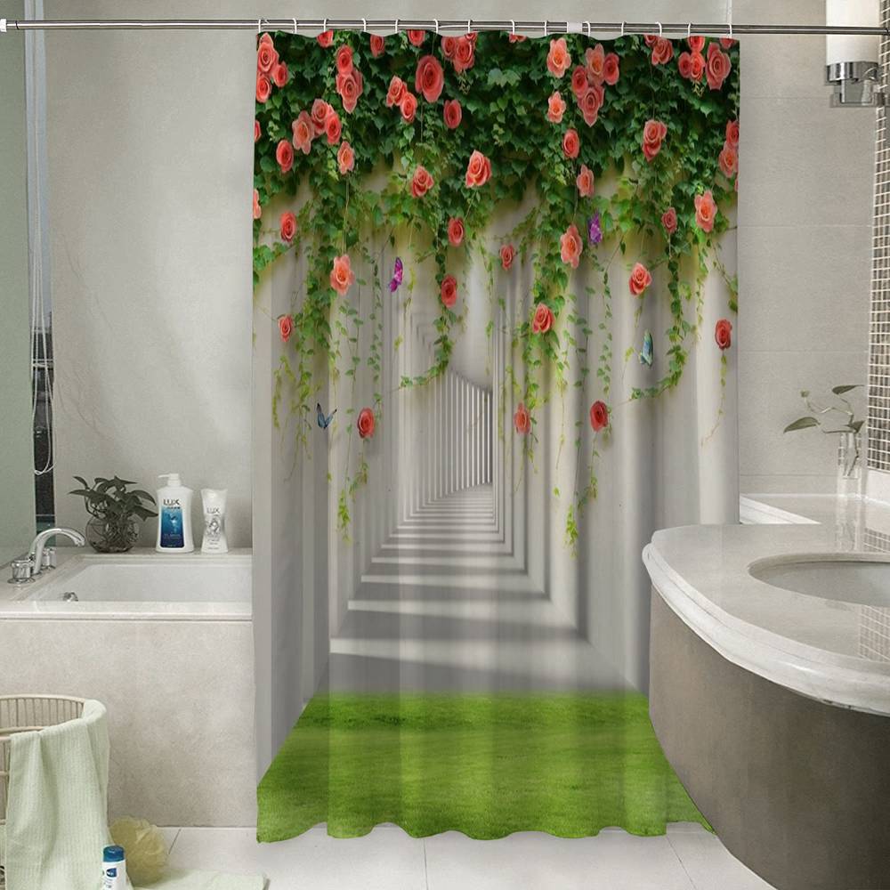 3D шторка для ванной «Тоннель с лианами роз» вид 6