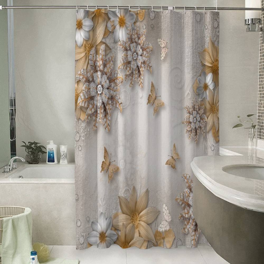 3D фото занавеска для ванной «Объемные цветы со стразами и бабочками» вид 6
