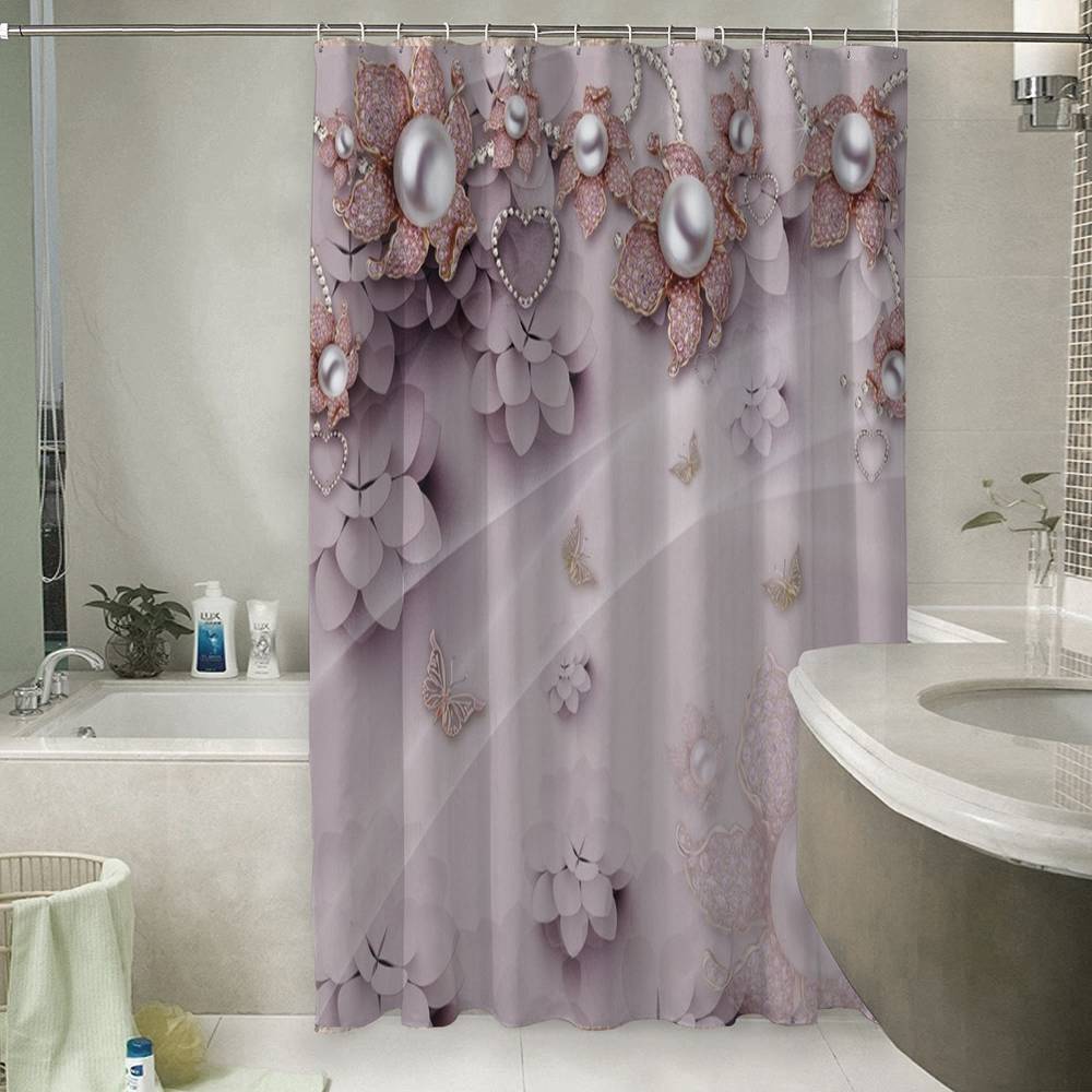 3D штора для ванной «Драгоценные цветы с жемчугом» вид 6