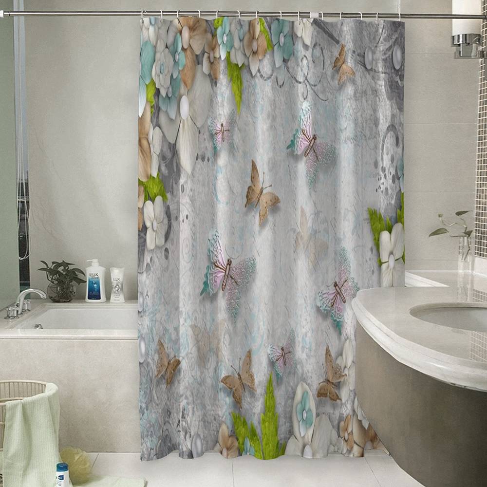 3D штора в ванную комнату «Цветы и бабочки» вид 6