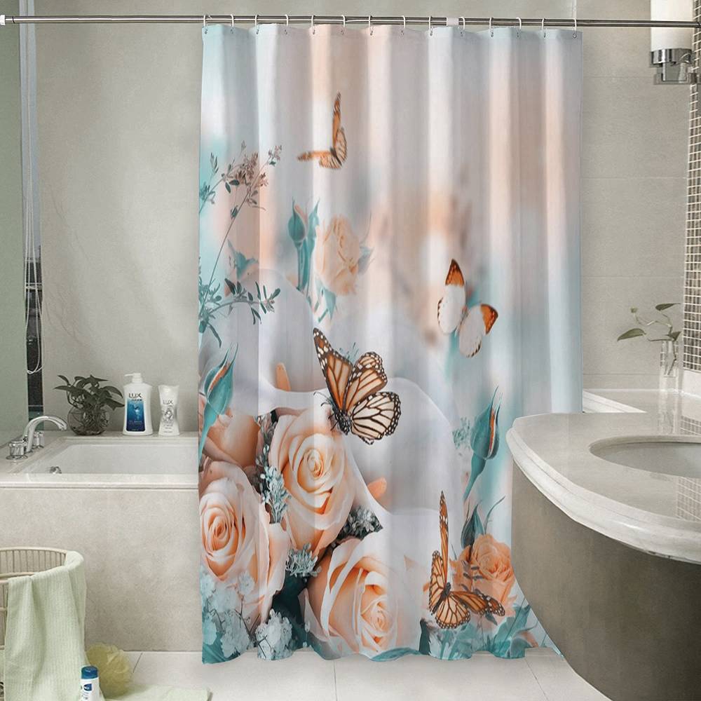 3D шторка для ванной «Бабочки над розами» вид 6