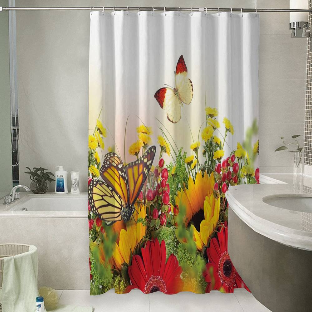 3D штора для ванны «Бабочки над яркими цветами» вид 6