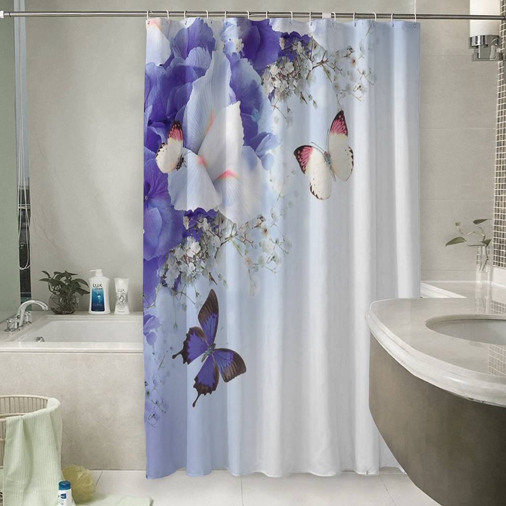 3D фото занавеска для ванной «Бабочки под нежными цветами» вид 6