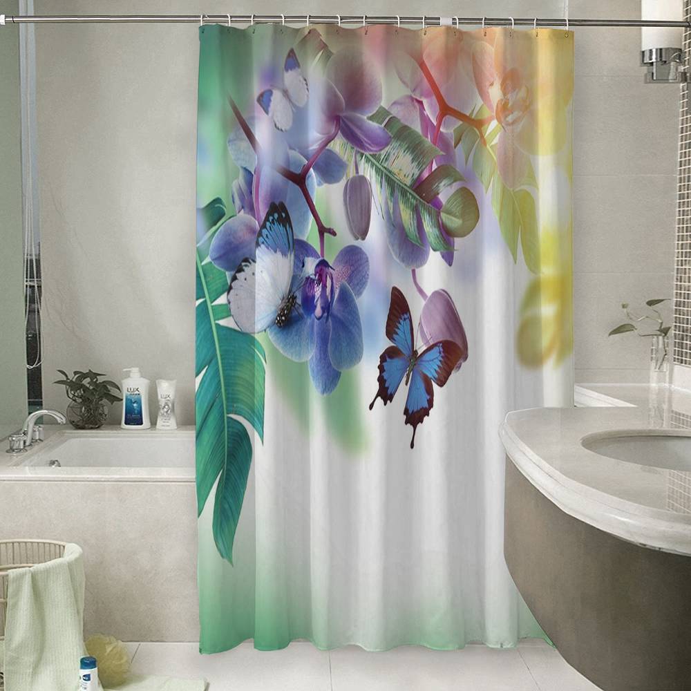 3D штора для ванной «Бабочки под орхидеей» вид 6