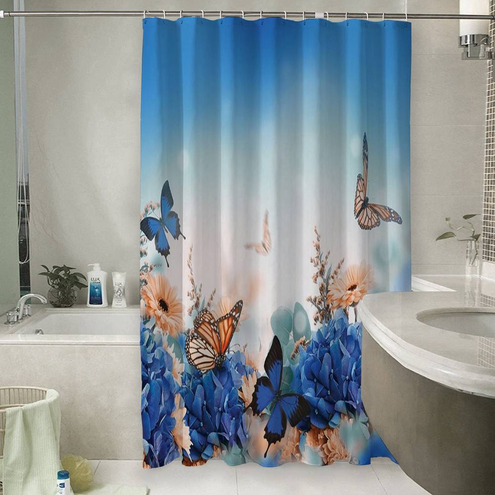 3D штора в ванную комнату «Синие бабочки» вид 6