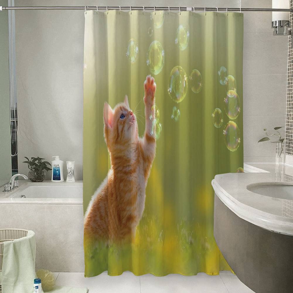 3D штора в ванную «Рыжий кот с мыльными пузырями» вид 6