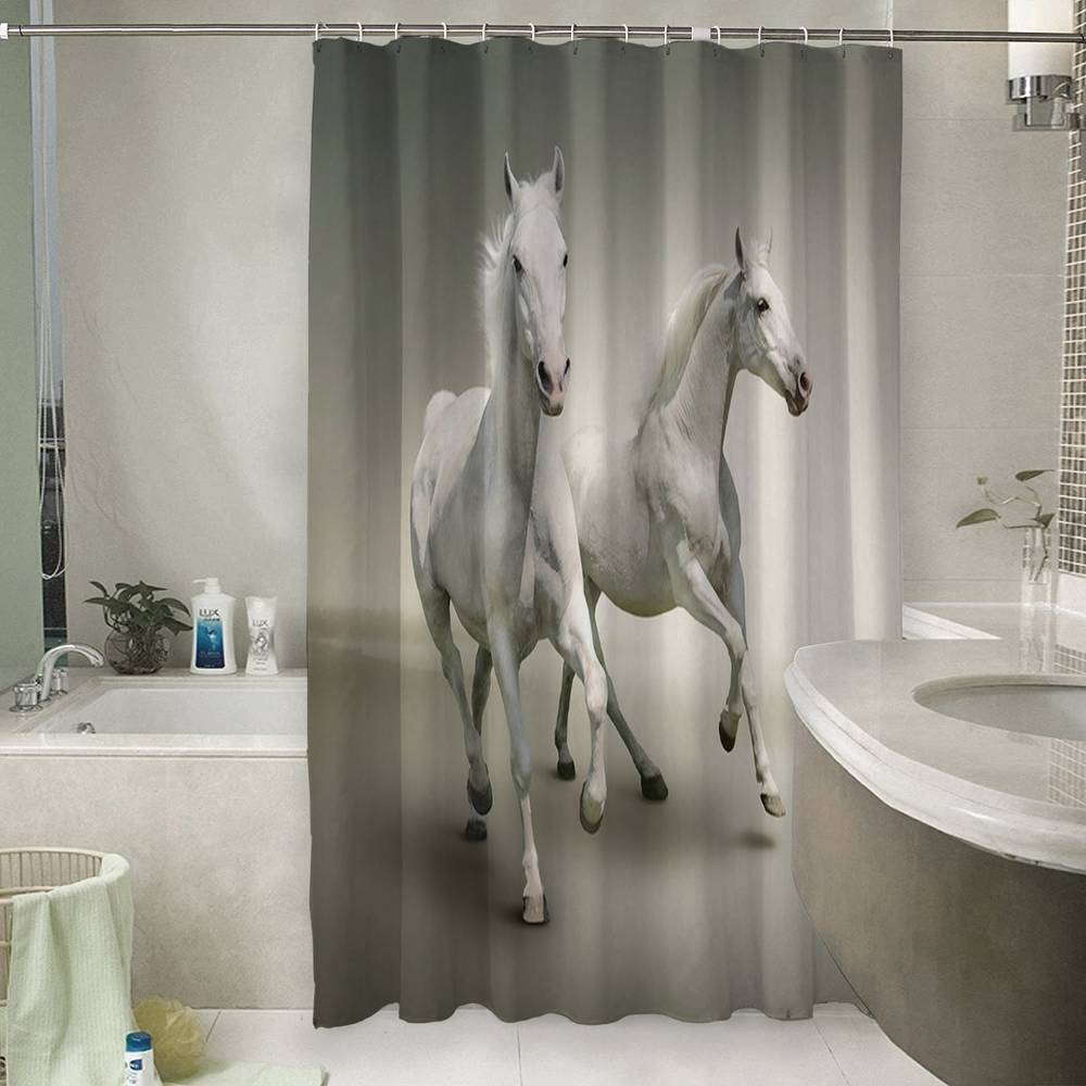 3D занавеска в ванную комнату «Белые лошади на сером фоне» вид 6