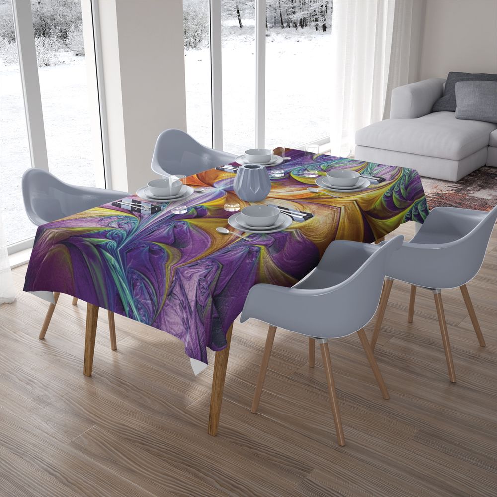 Габардиновая 3D скатерть на кухонный стол «Фиолетово-желтая абстракция» вид 7