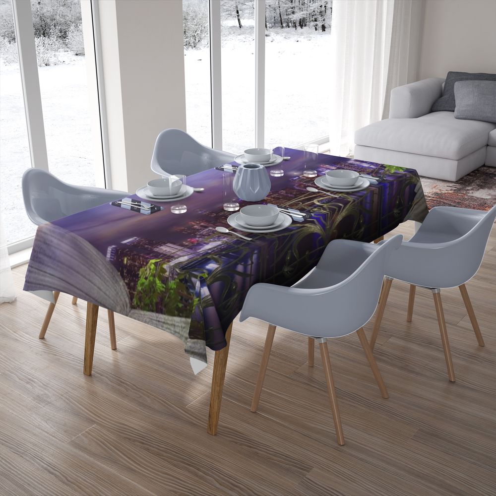 Текстильная 3D скатерть на обеденный стол «Балкон в ночном городе» вид 7