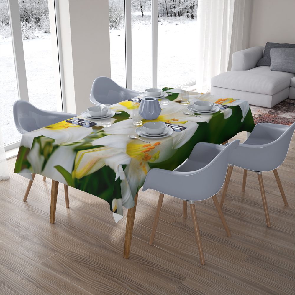 Полотняная 3D скатерть на кухонный стол «Белые лилии» вид 7