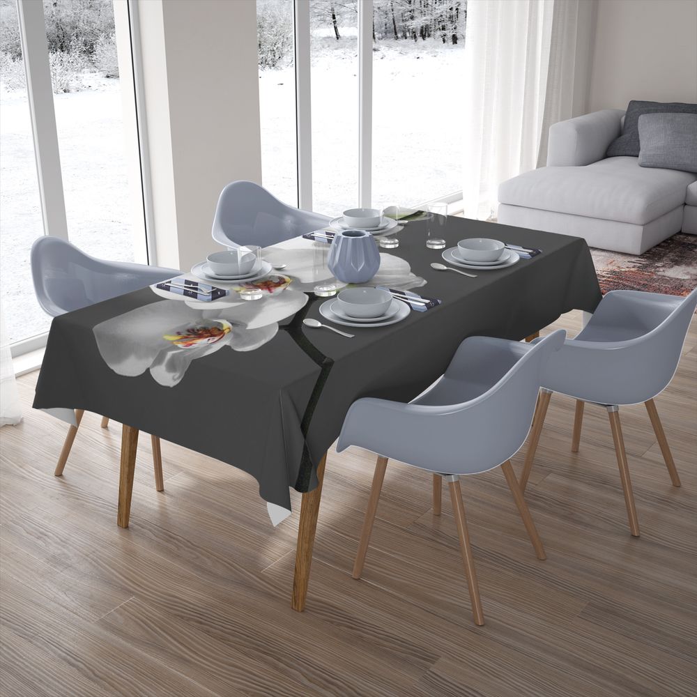 Текстильная 3D скатерть для стола «Белая орхидея на сером фоне» вид 7