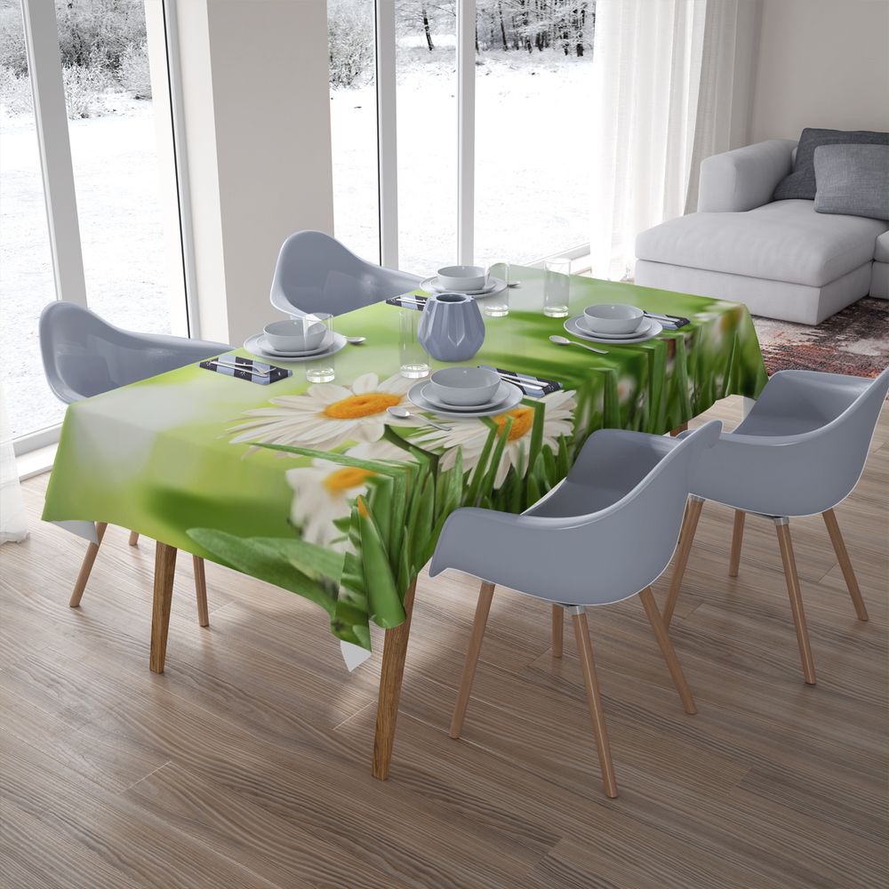 Полотняная 3D скатерть на обеденный стол «Ромашки в траве» вид 7