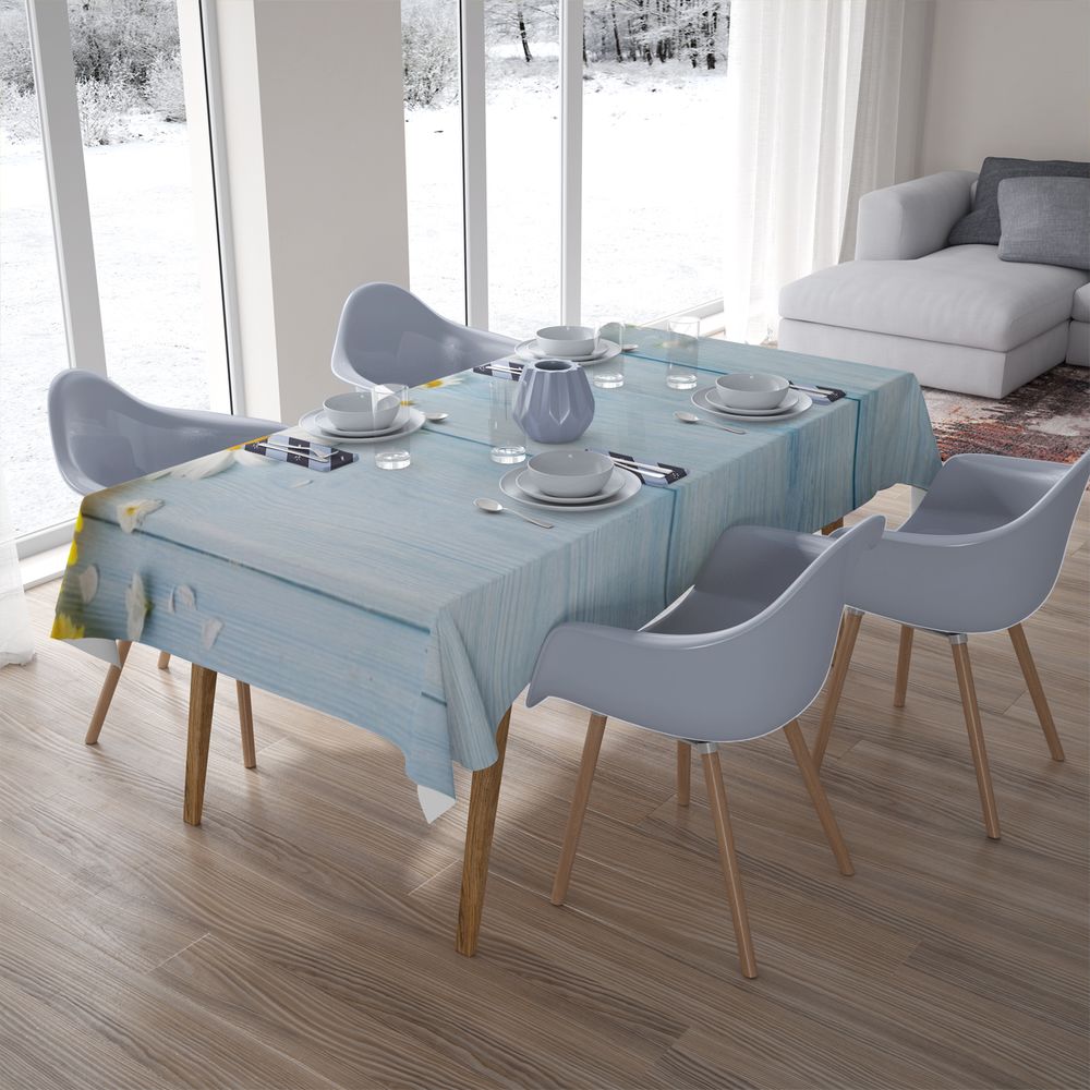 Текстильная скатерть на кухонный стол «Ромашки на голубых досках» вид 7