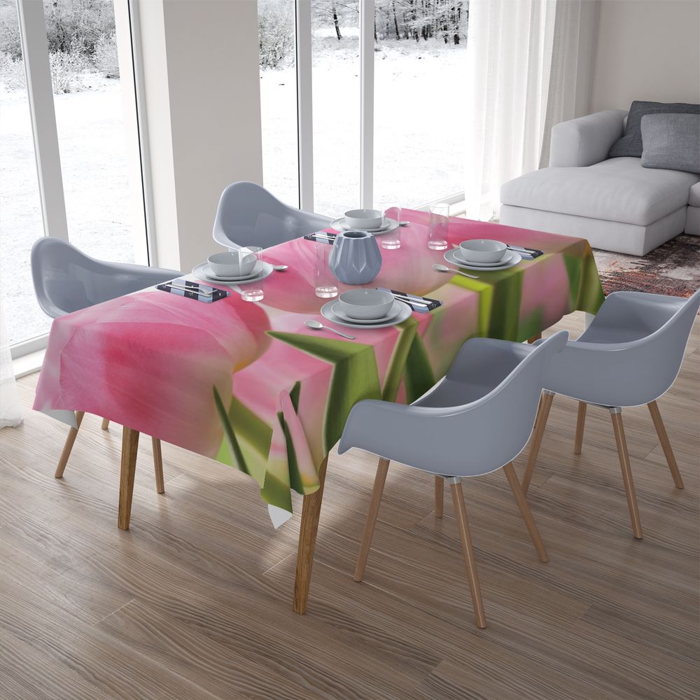 Текстильная 3D скатерть для стола «Крупные розовые тюльпаны» вид 7