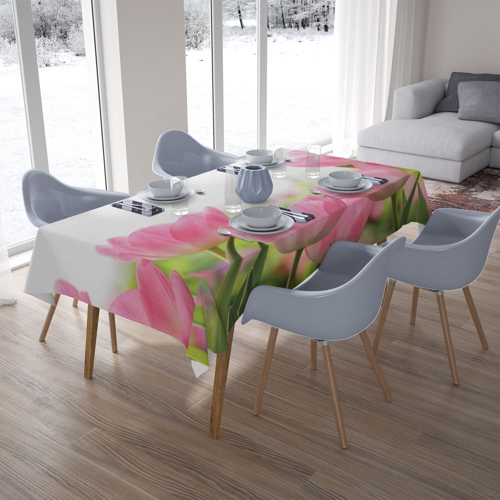 Полотняная скатерть на кухню «Нежные розовые тюльпаны» вид 7