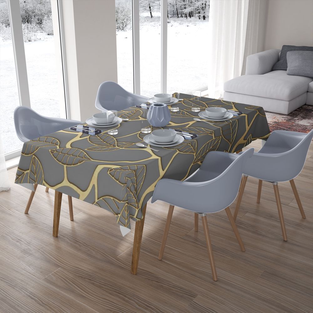 Текстильная скатерть на обеденный стол «Узор с золотыми листьями» вид 7